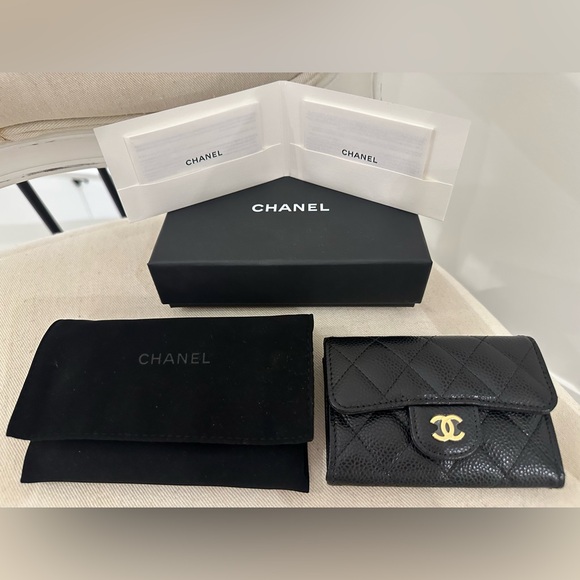 CHANEL Accessories - Classic Chanel Black Caviar Quilted Flap Card Holder Wallet Black Gold NWT